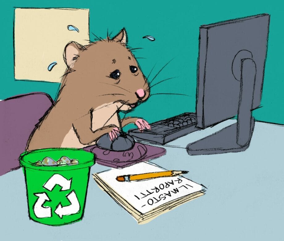 Huolestunut peltohiiri koneen äärellä. Pöydällä myös ilmastoraportti ja kierrätysämpäri.